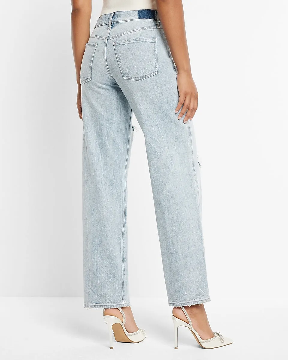 Low Rise Light Wash Ripped Baggy Straight Jeans in Light Wash