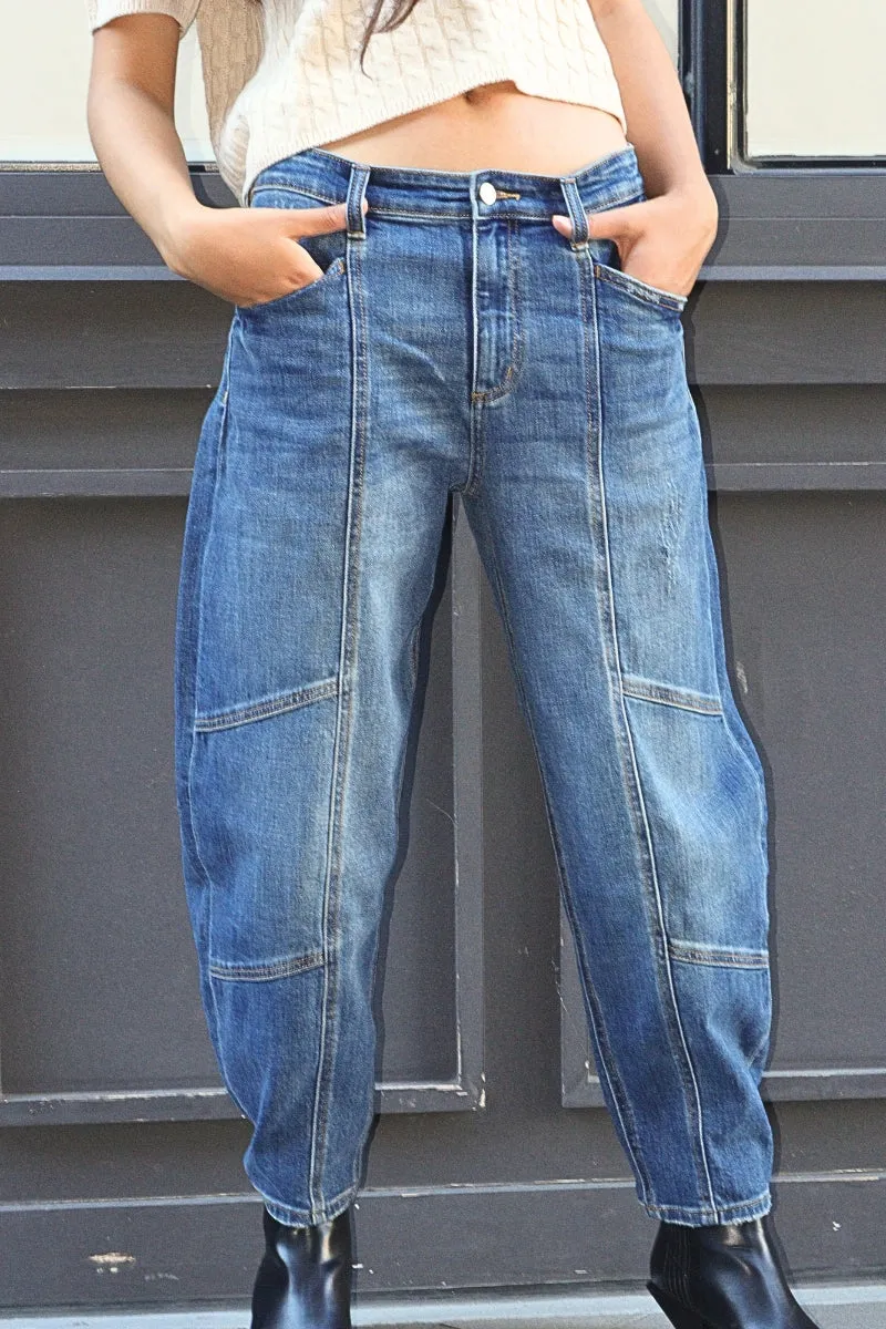 RELAXED TAPERED HIGH RISE CUT SEAM DETAILING BARREL JEANS