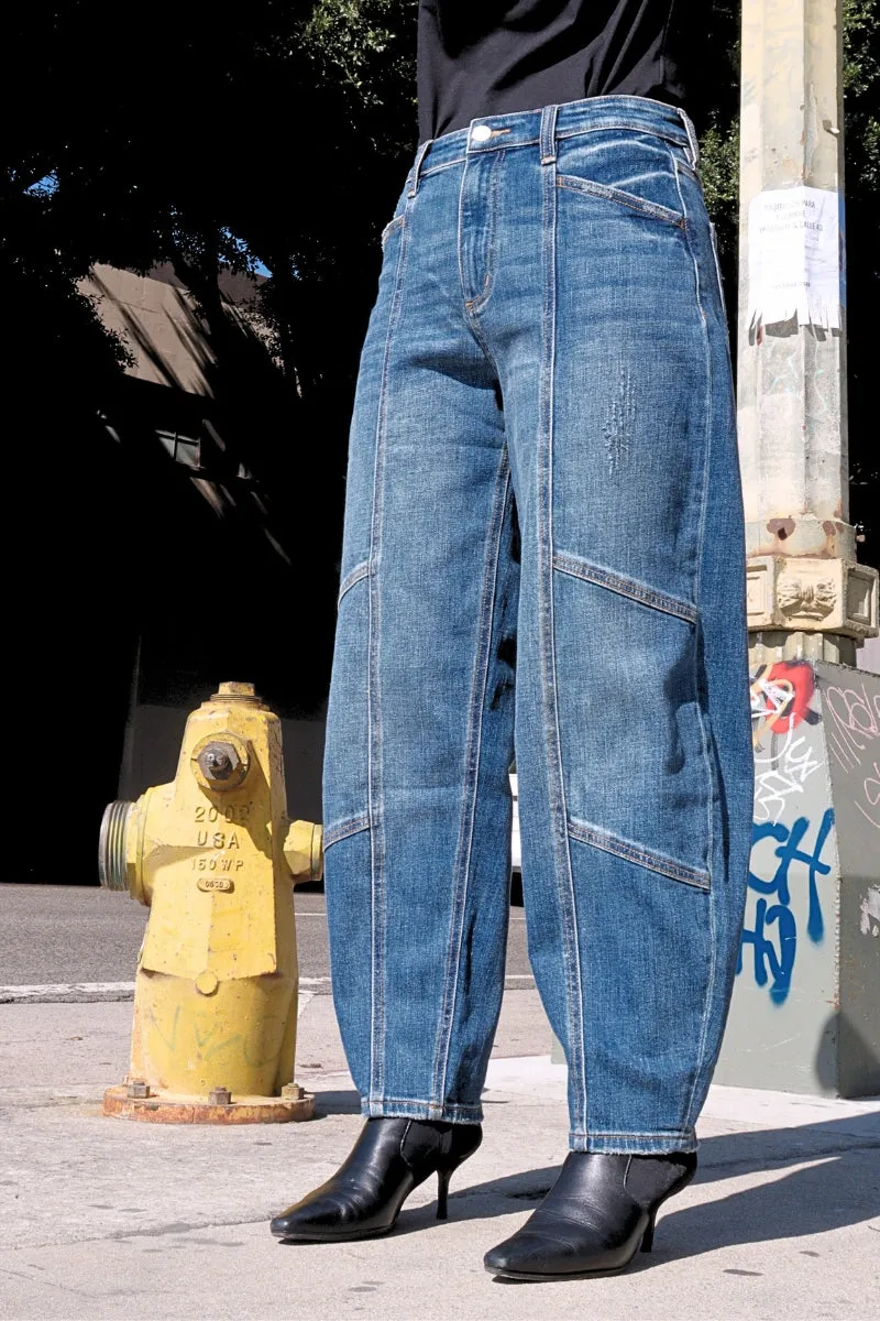 RELAXED TAPERED HIGH RISE CUT SEAM DETAILING BARREL JEANS