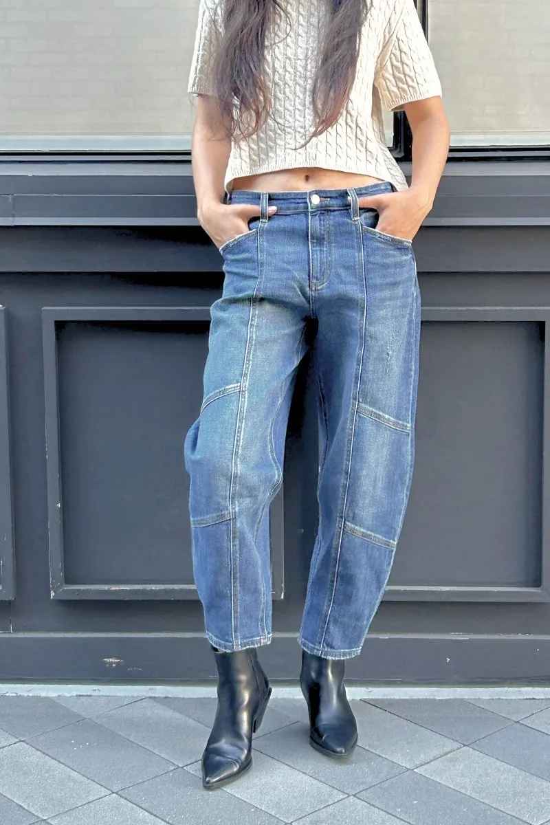 RELAXED TAPERED HIGH RISE CUT SEAM DETAILING BARREL JEANS