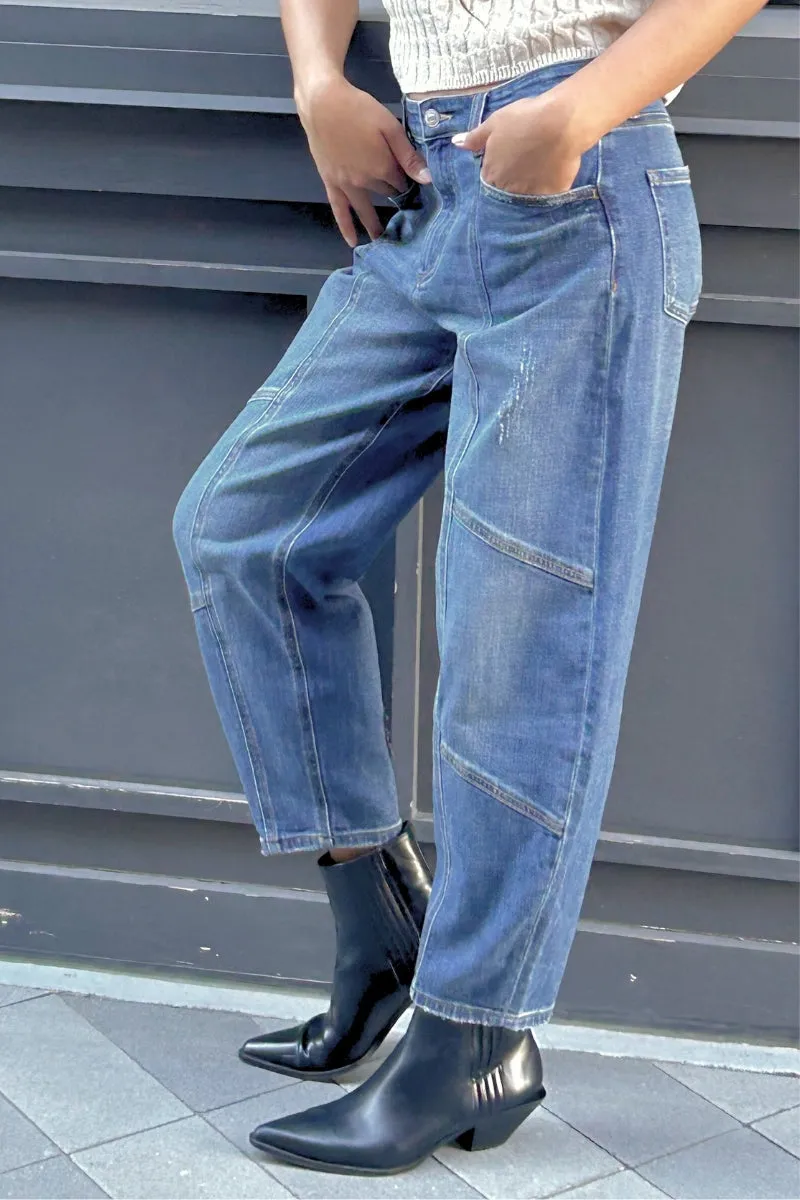 RELAXED TAPERED HIGH RISE CUT SEAM DETAILING BARREL JEANS