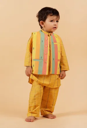 Set of 3: Yellow Checked Kurta With Pant And Nehru Jacket