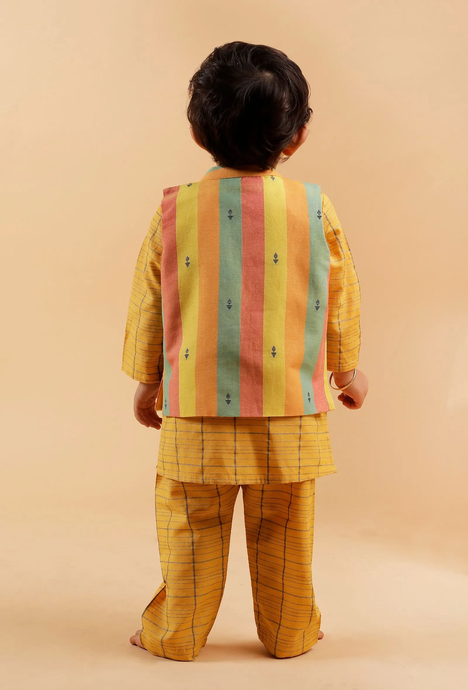 Set of 3: Yellow Checked Kurta With Pant And Nehru Jacket