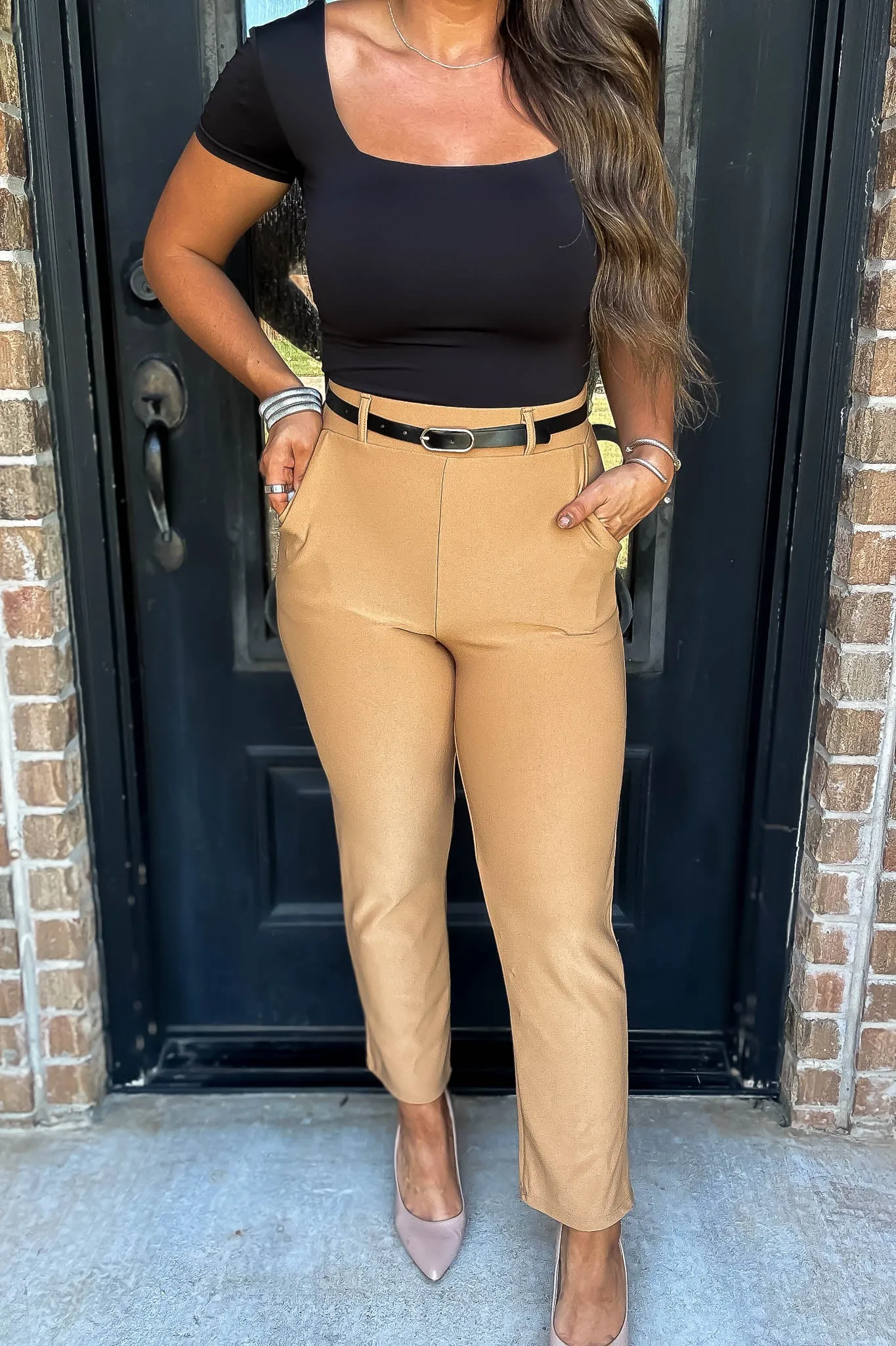 Stretchy Toffee Tan Belted Side Pocket Straight Pants