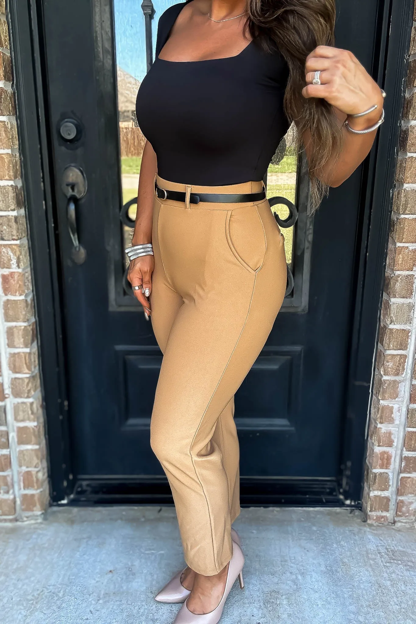 Stretchy Toffee Tan Belted Side Pocket Straight Pants