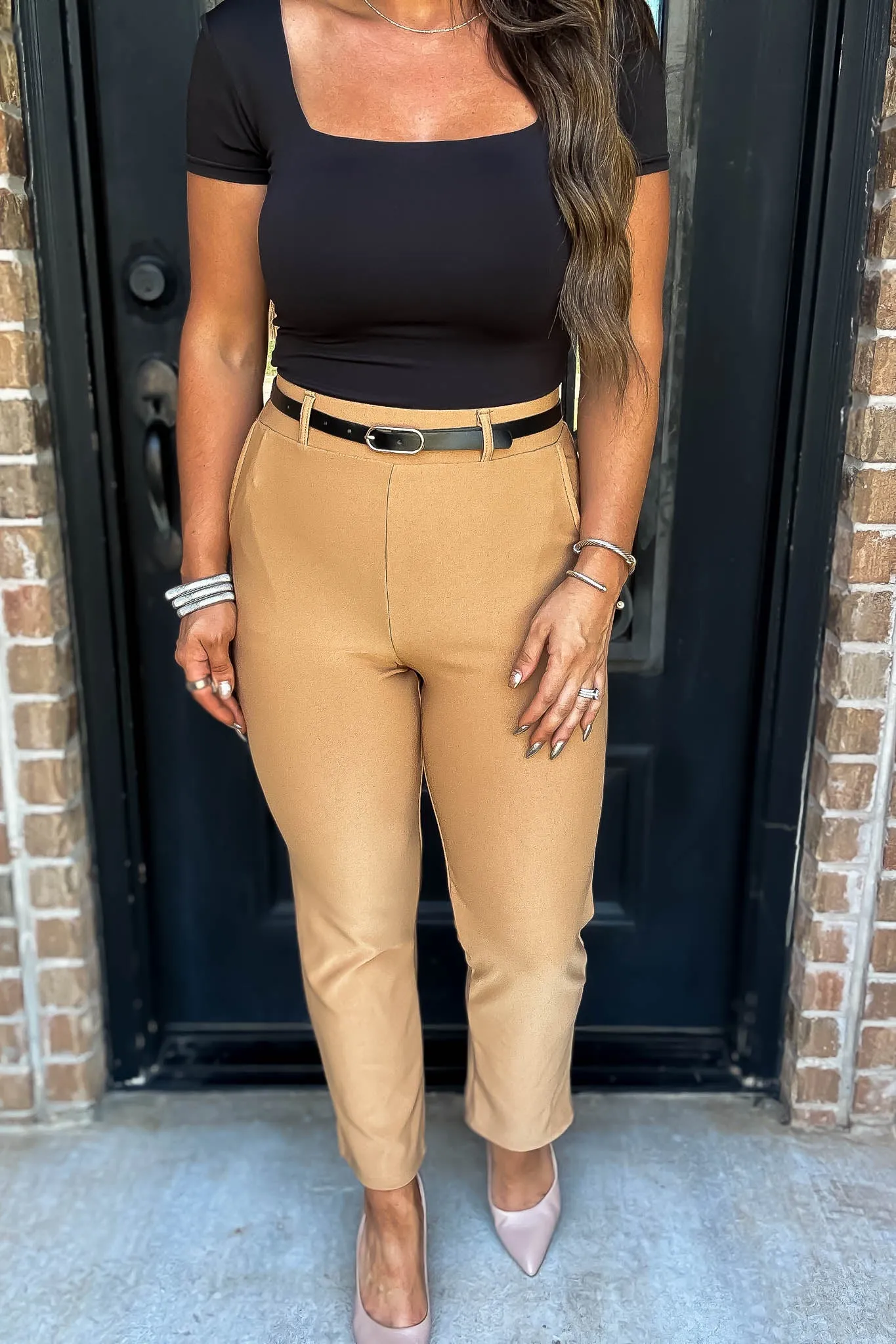 Stretchy Toffee Tan Belted Side Pocket Straight Pants