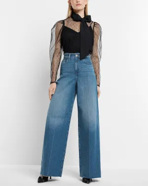 Super High Waisted Medium Wash Raw Hem Baggy Wide Leg Jeans in Dark Wash