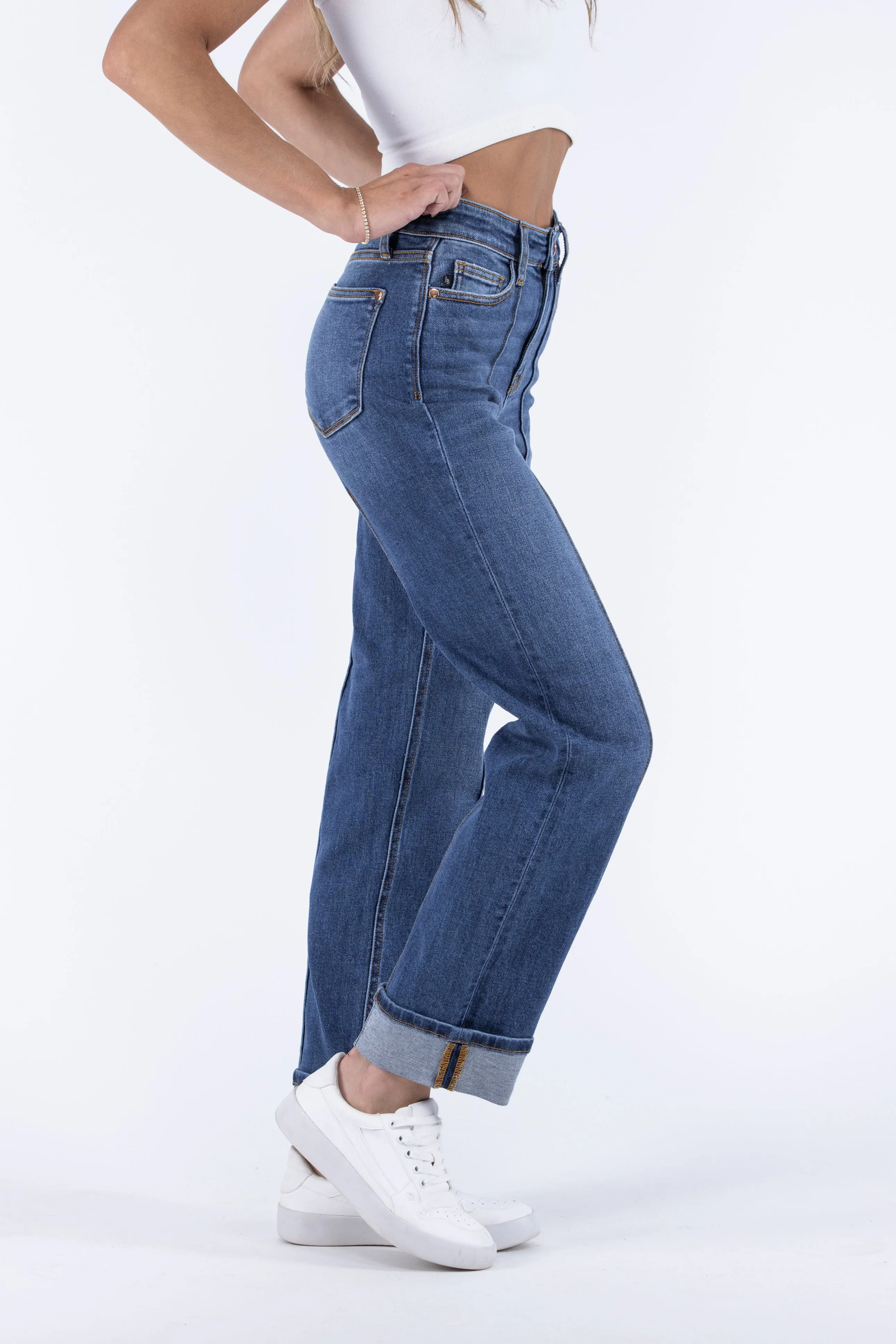 The Finley from Judy Blue: High-Rise Front Seam Detail & Cuffed Straight Leg Denim