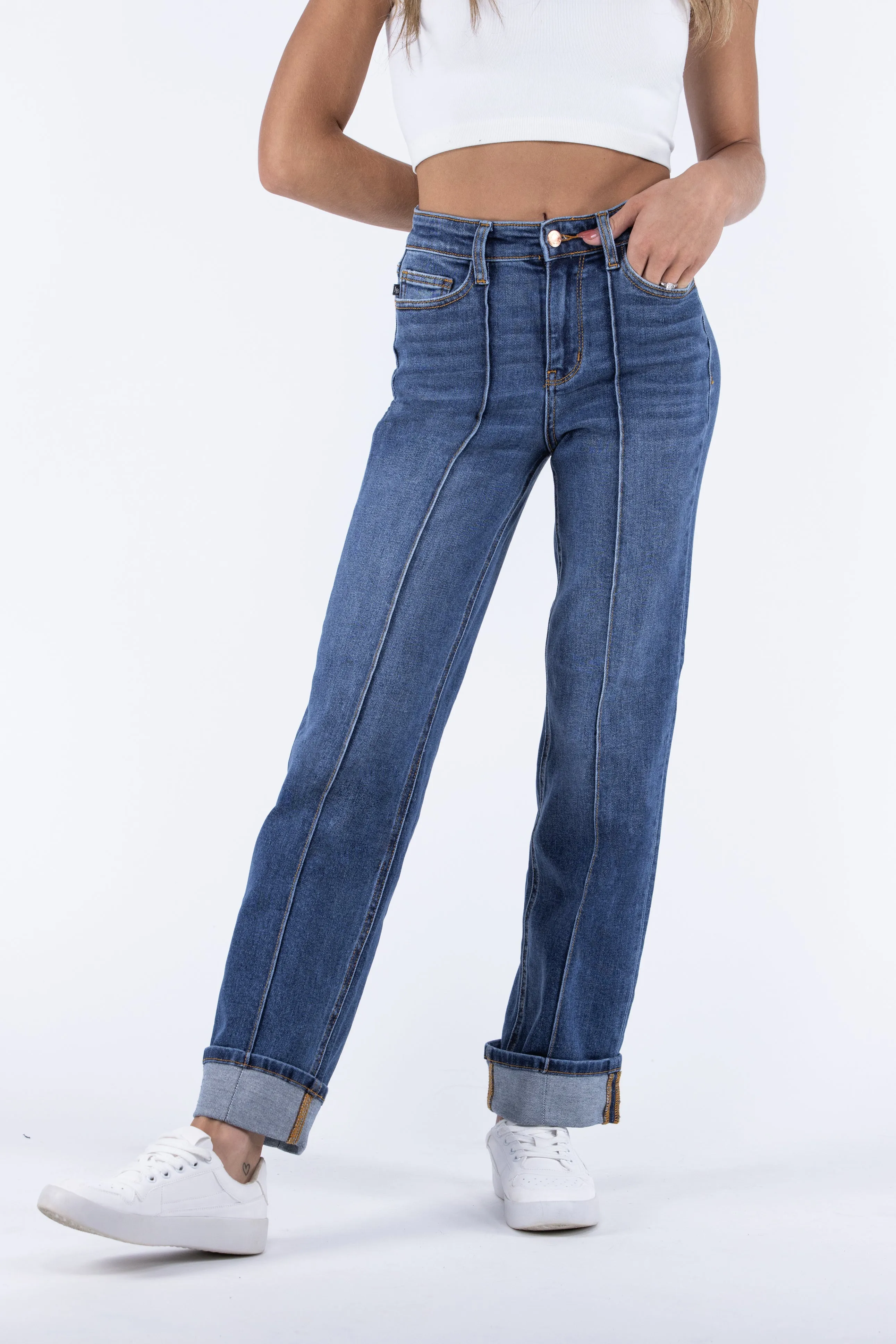 The Finley from Judy Blue: High-Rise Front Seam Detail & Cuffed Straight Leg Denim