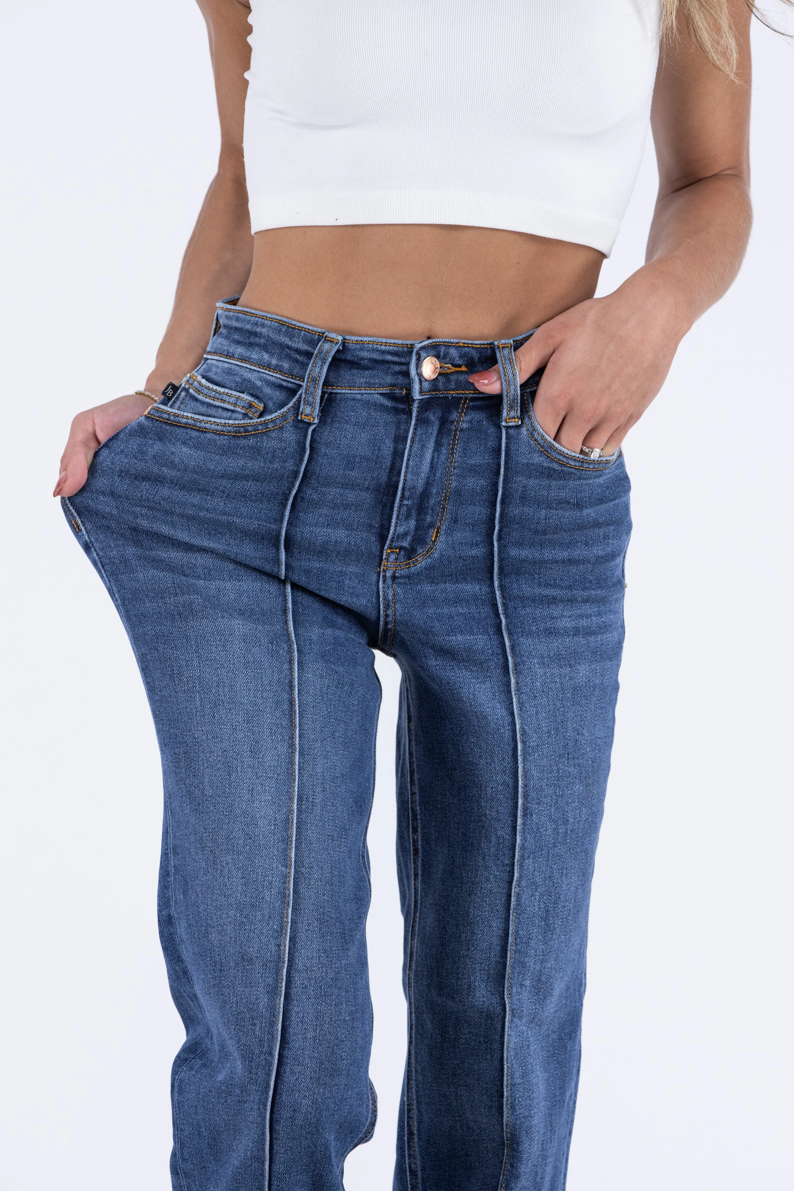 The Finley from Judy Blue: High-Rise Front Seam Detail & Cuffed Straight Leg Denim