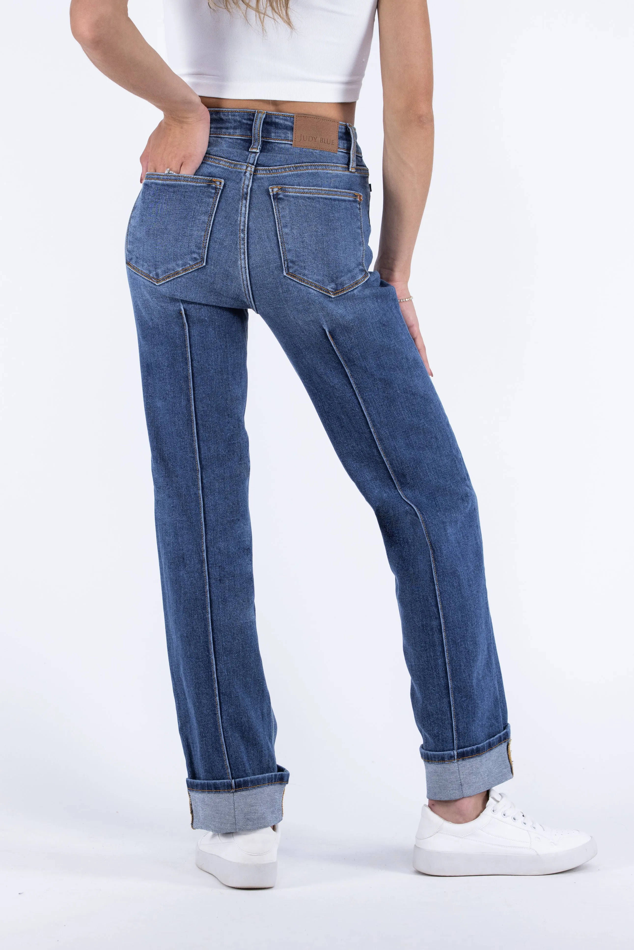 The Finley from Judy Blue: High-Rise Front Seam Detail & Cuffed Straight Leg Denim