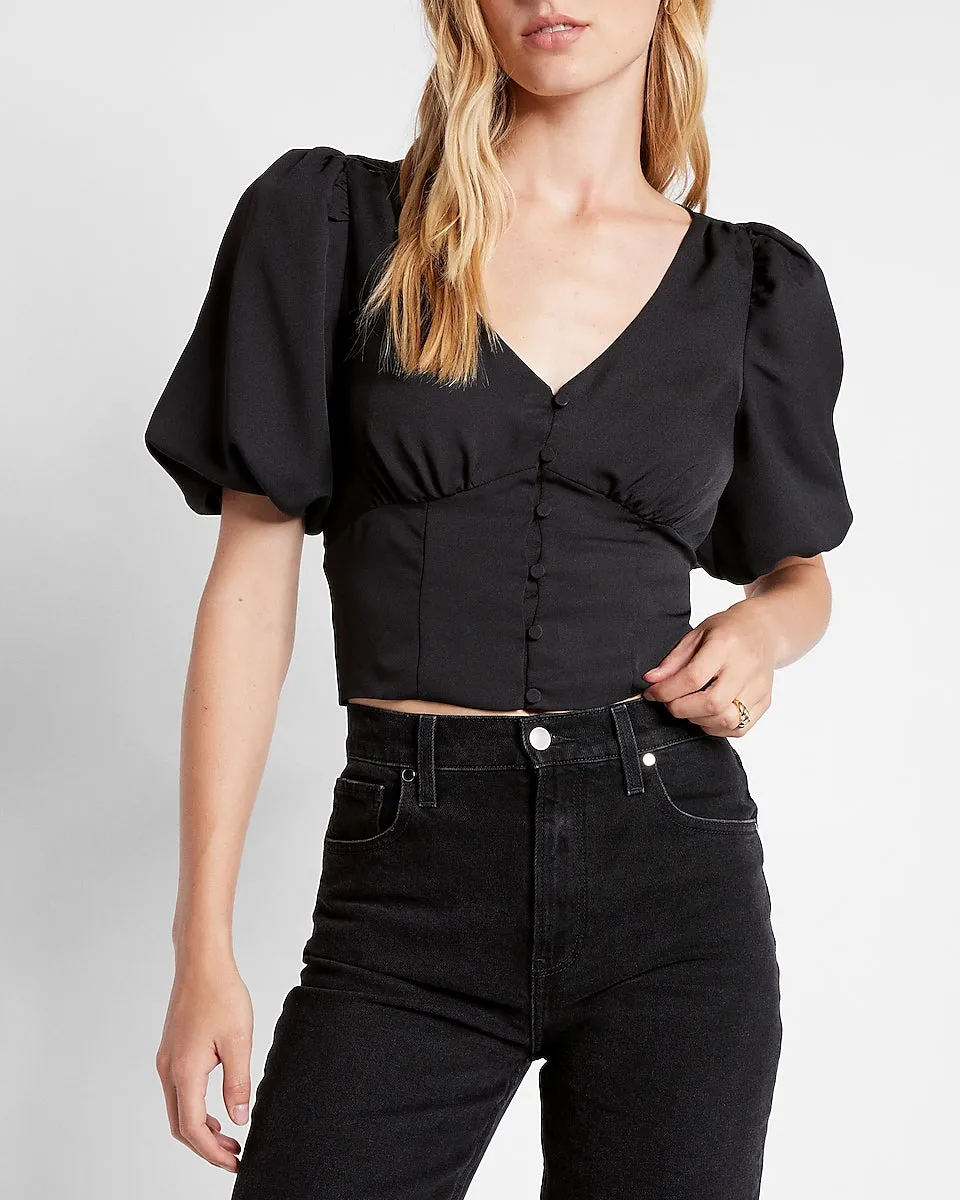 V-Neck Button Front Puff Sleeve Cropped Top in Pitch Black