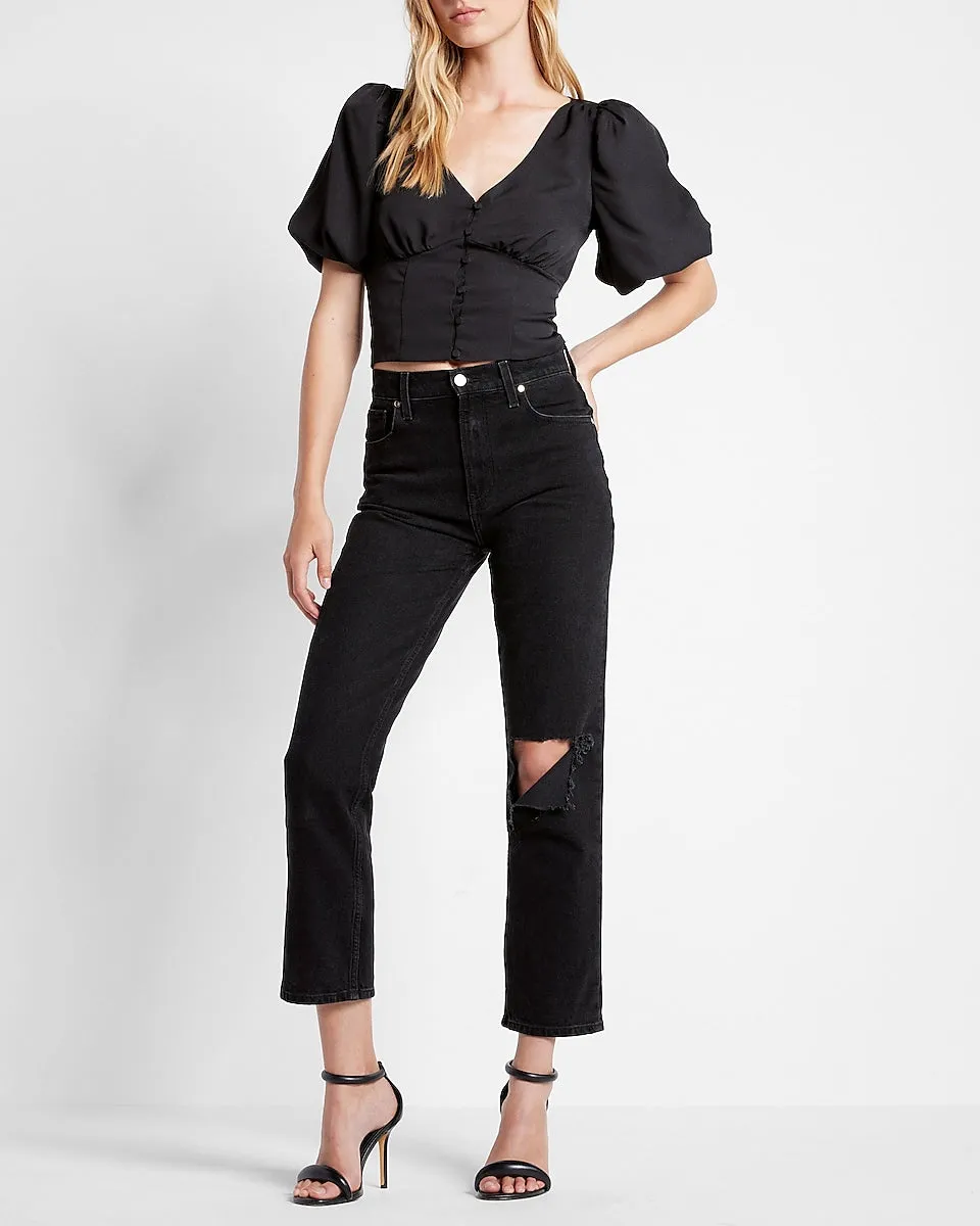 V-Neck Button Front Puff Sleeve Cropped Top in Pitch Black