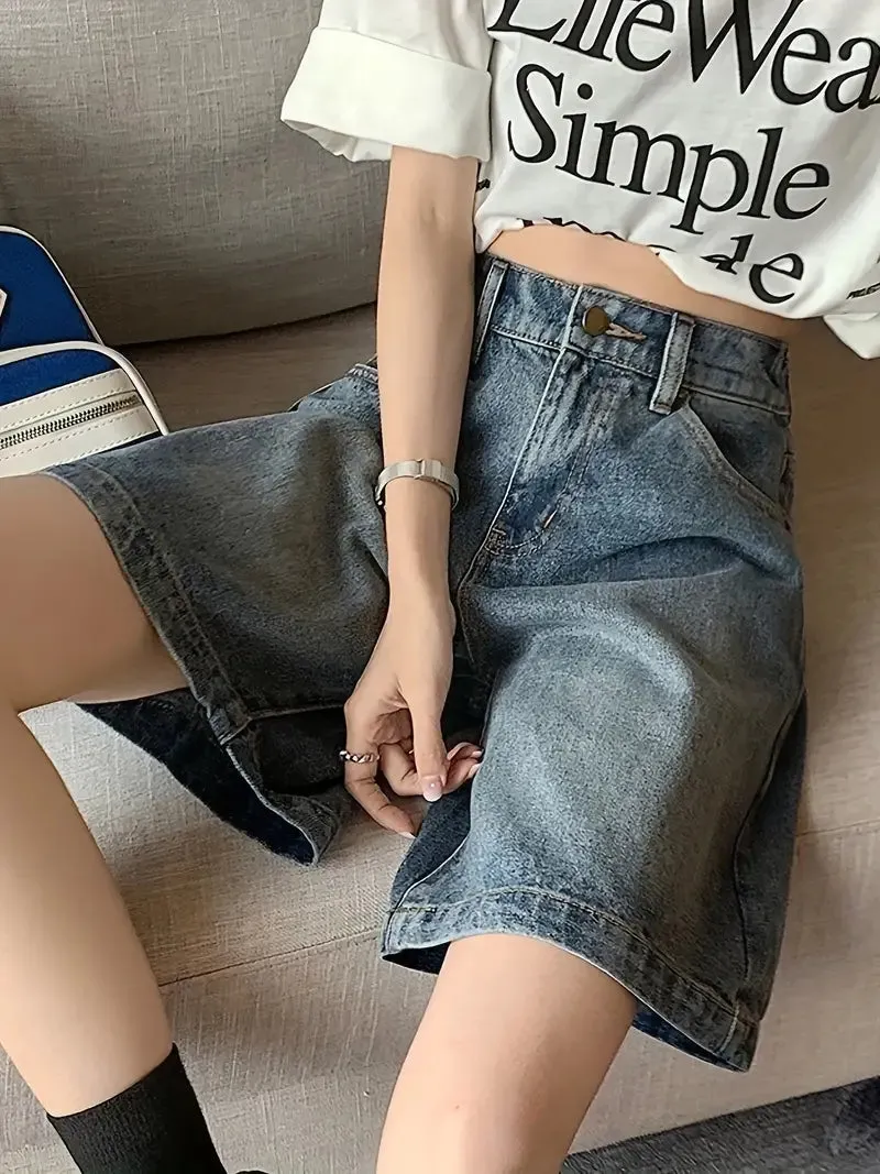 Wenkouban Blue Retro High Waist Denim Shorts with Wide Leg