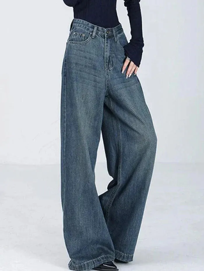 Wenkouban Blue Vintage Versatile High Waist Baggy Boyfriend Jeans