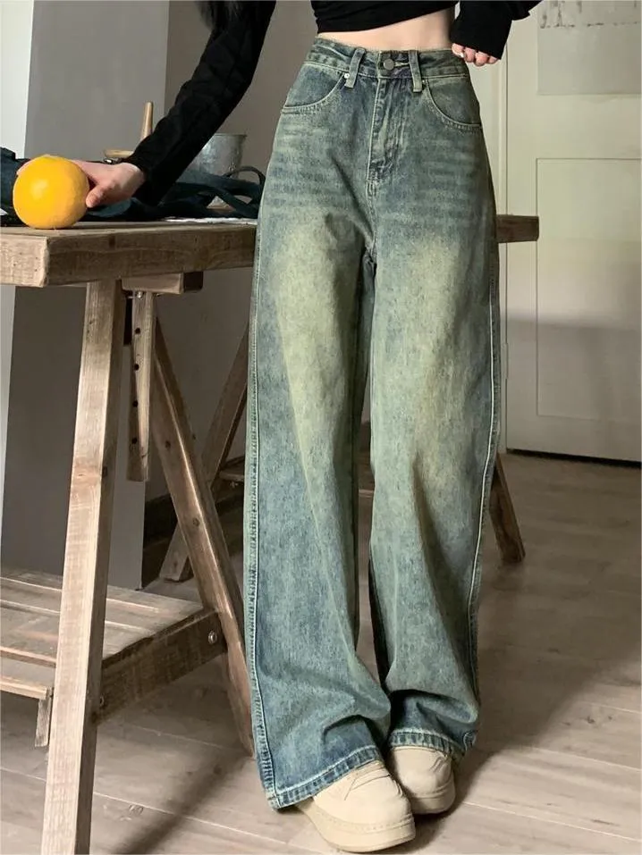 Wenkouban Vintage baggy boyfriend jeans with faded effect