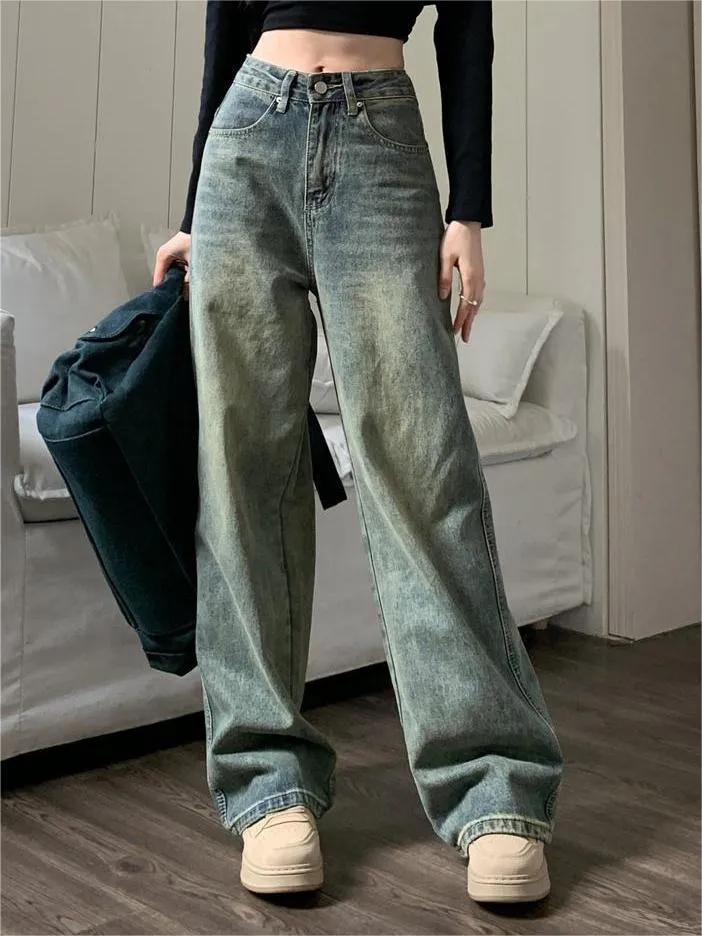 Wenkouban Vintage baggy boyfriend jeans with faded effect