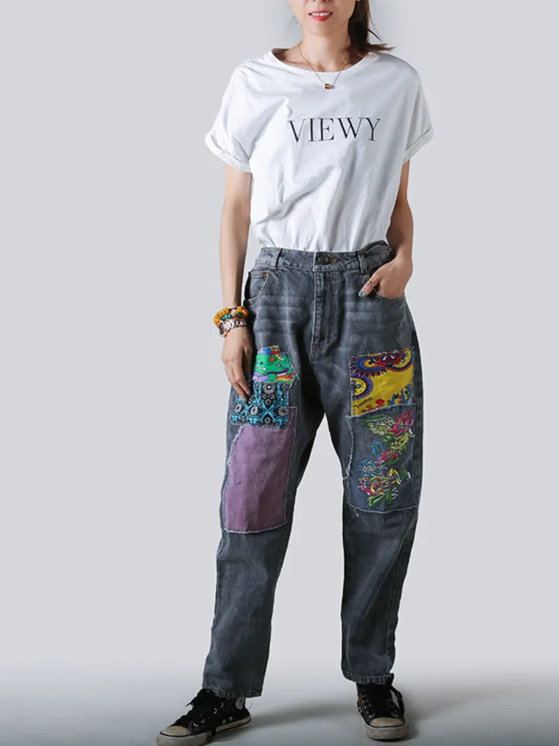 Women's Elastic Waist Wide Leg Printed Patch Pants Bottom