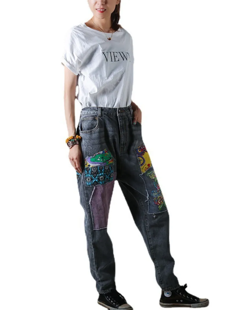 Women's Elastic Waist Wide Leg Printed Patch Pants Bottom